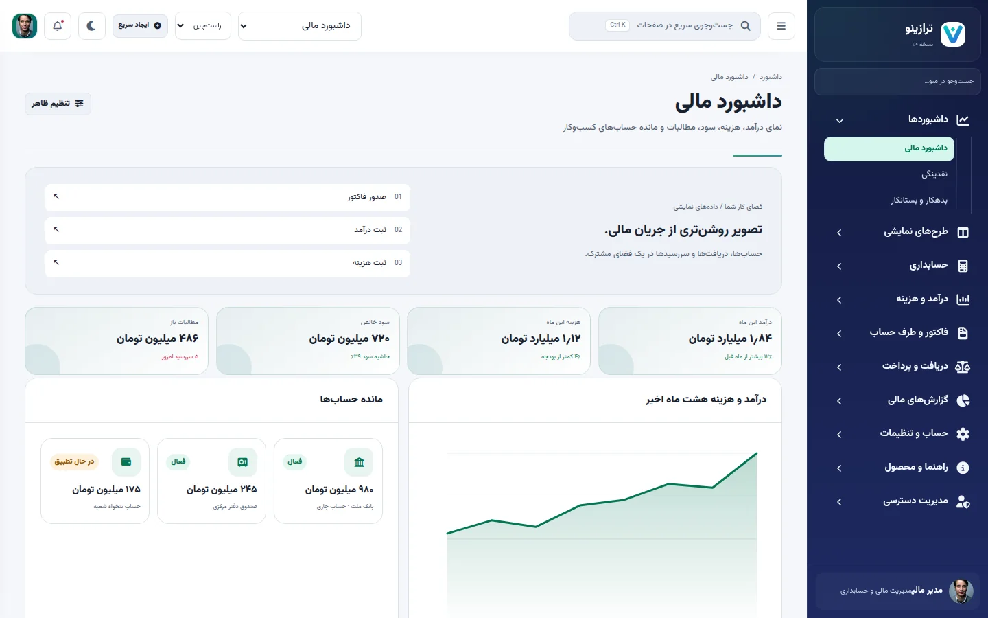 نمای دسکتاپ پنل حسابداری و مالی