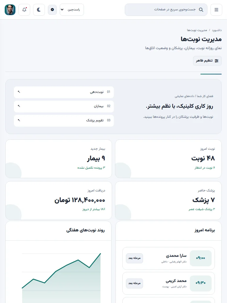 نمای تبلت پنل کلینیک و درمان